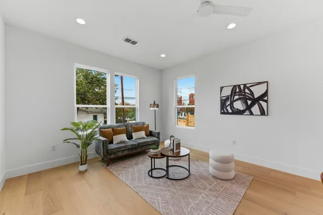 a living room with furniture and a potted plant
