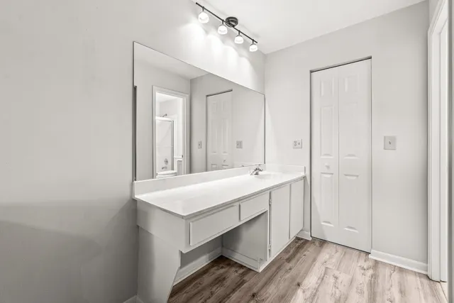 a bathroom with a sink a mirror and a shower