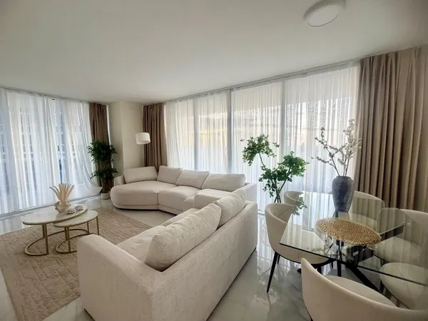 a living room with furniture and a potted plant
