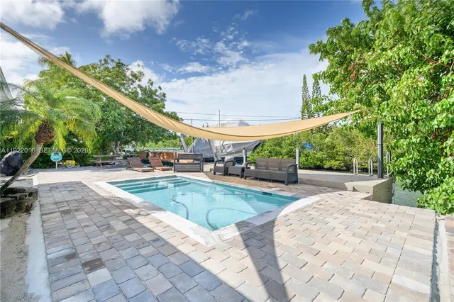 a view of a swimming pool with a patio