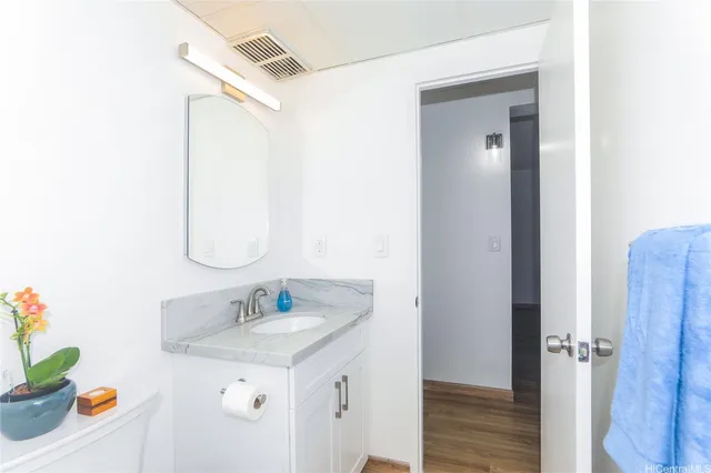 a bathroom with a sink vanity and a mirror