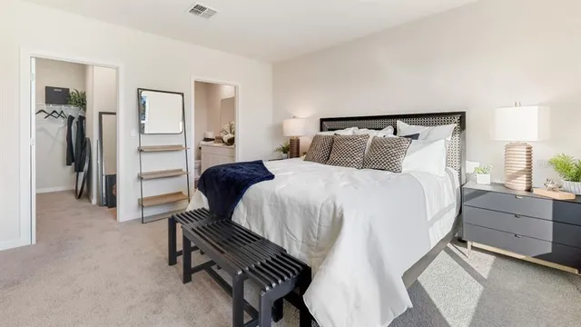 a bedroom with a bed and a walk in closet