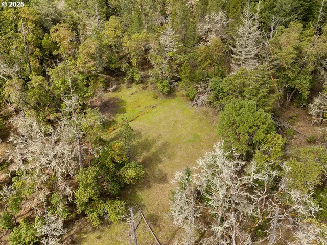 an aerial view of a house with garden