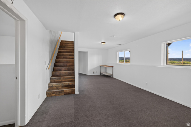 1 Tobe Day Road La Sal, UT 84530 - Photo 52 of 67 Spacious room featuring carpeting, multiple windows providing natural light, white walls, and a staircase with wood-finish treads and a light wood handrail