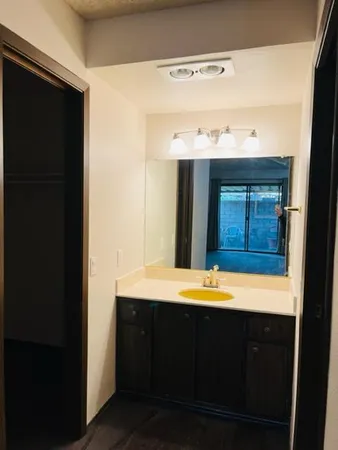 a bathroom with a sink and a mirror