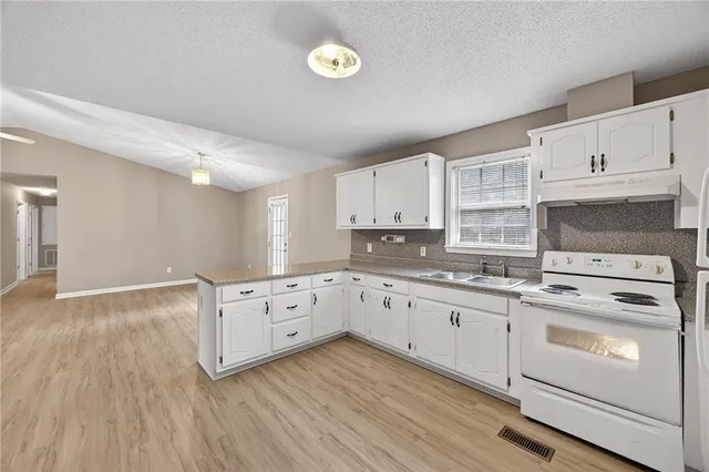 a kitchen with cabinets wooden floor and a sink