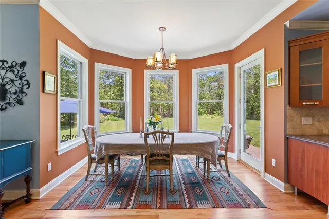 a view of a dining room with furniture window and wooden floor