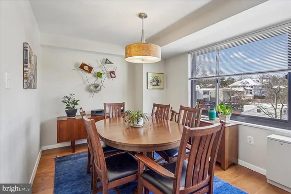 a view of a dining room with furniture