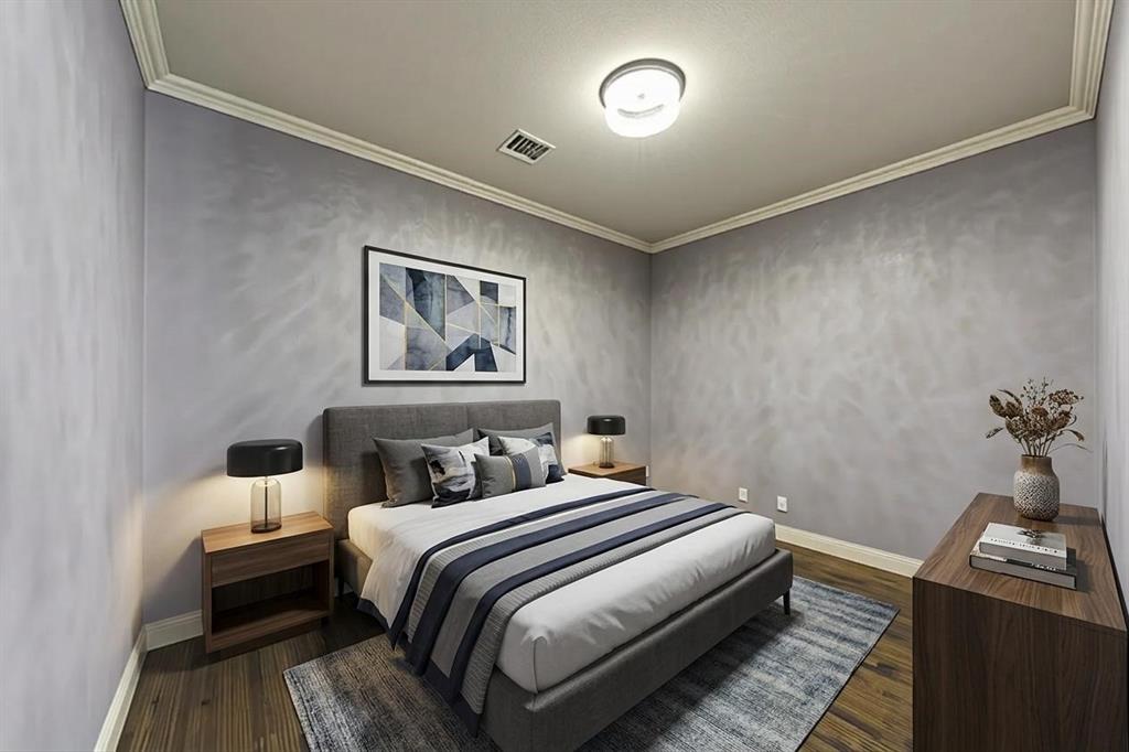 7929 Maddox Road Plano, TX 75024 - Photo 16 of 26 Virtually staged 1st level room as sleep space to show possibilities. Crown molding and dark wood-style floors.