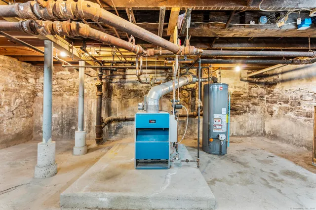 a view of a garage with wooden table