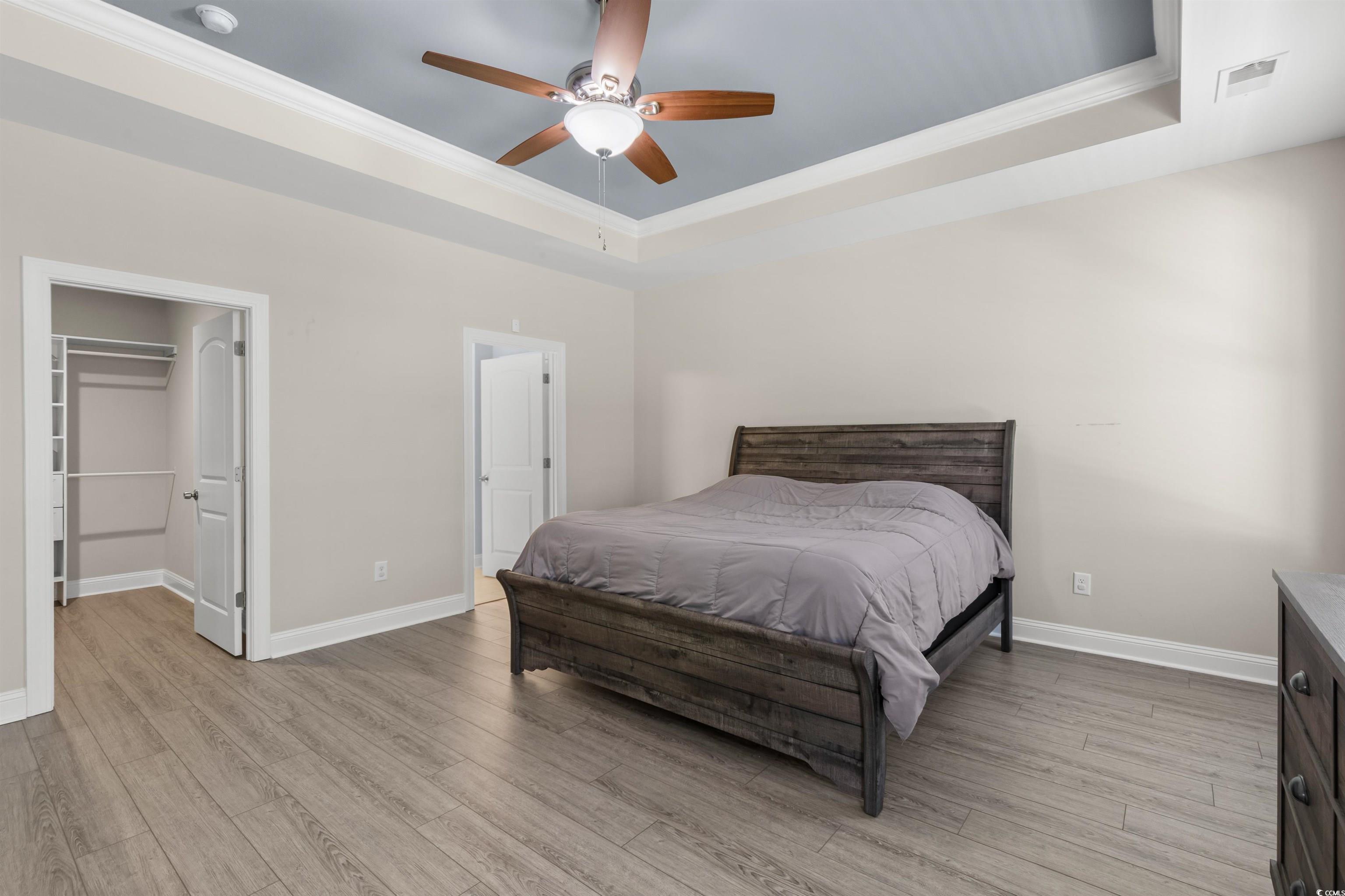 3780 Dewitt Road Longs, SC 29568 - Photo 24 of 40 Bedroom with a tray ceiling, a spacious closet, light wood-style floors, and ornamental molding