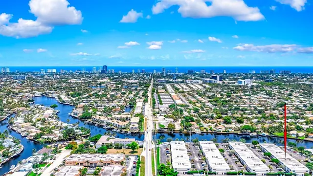 a view of a city with tall trees