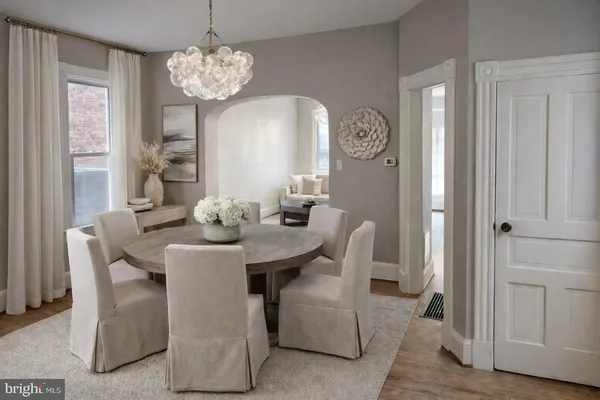 a view of a dining room with furniture window and wooden floor