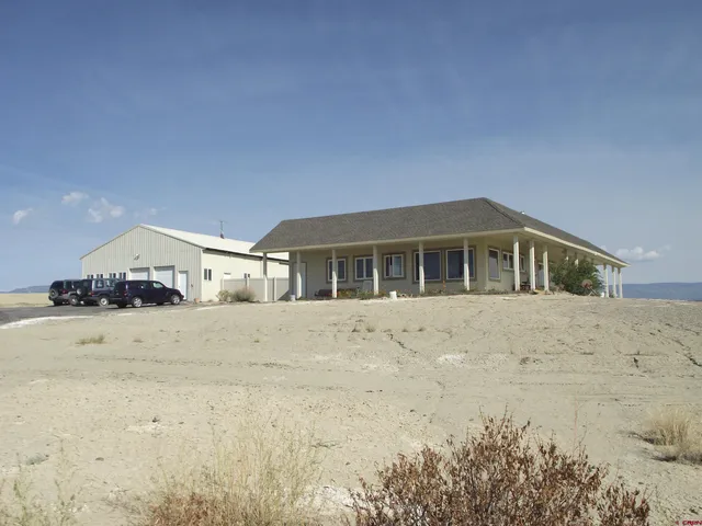 a view of a dry field with trees in background