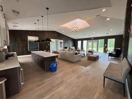 a living room with furniture wooden floor and floor to ceiling windows