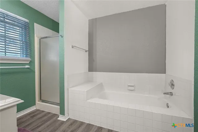 a bathroom with a bathtub and a shower
