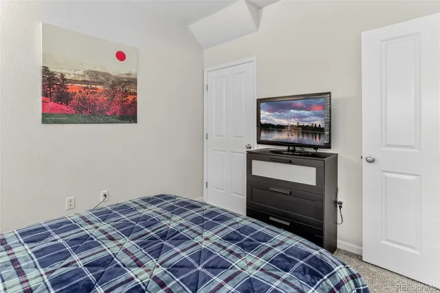 a bedroom with a bed and a flat screen tv