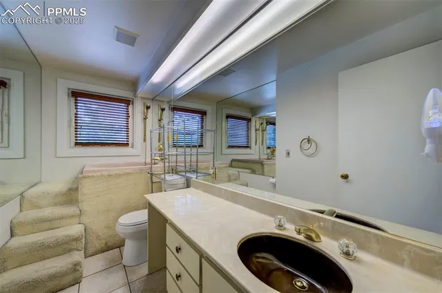 a bathroom with a sink a toilet and mirror