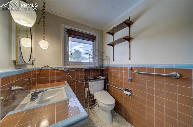 a bathroom with a toilet a sink and mirror