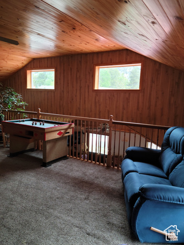 97 East Main Street Stockton, UT 84071 - Photo 55 of 58 Living area featuring wood ceiling, lofted ceiling, plenty of natural light, wood walls, and carpet flooring
