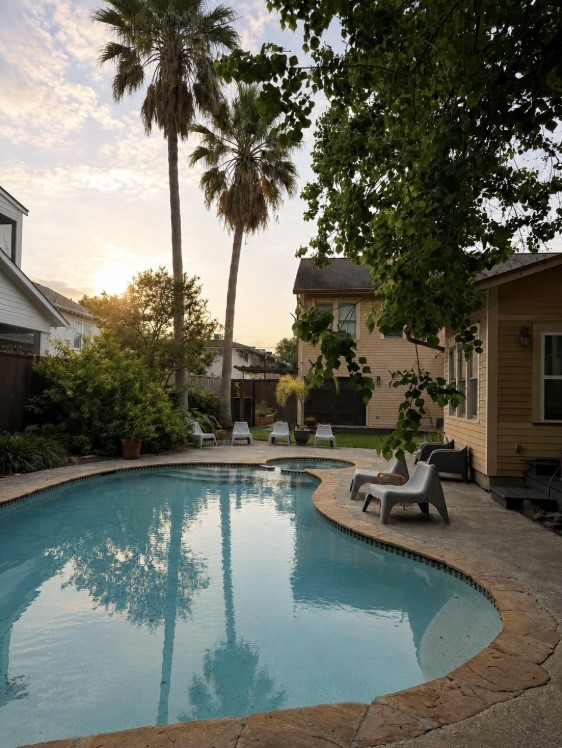 945 Harvard Street Houston, TX 77008 - Photo 3 of 47 Spacious backyard retreat centered around a large swimming pool and spa, with generous space to lounge beneath a canopy of mature oaks and towering palms, complemented by multiple porches and inviting areas designed for relaxing and entertaining.