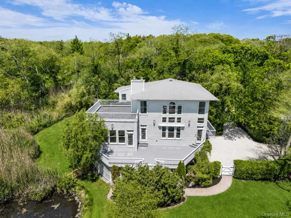 an aerial view of a house with garden