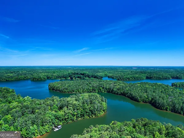 a view of a lake with a garden