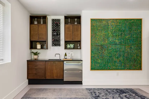 a view of cabinets and window
