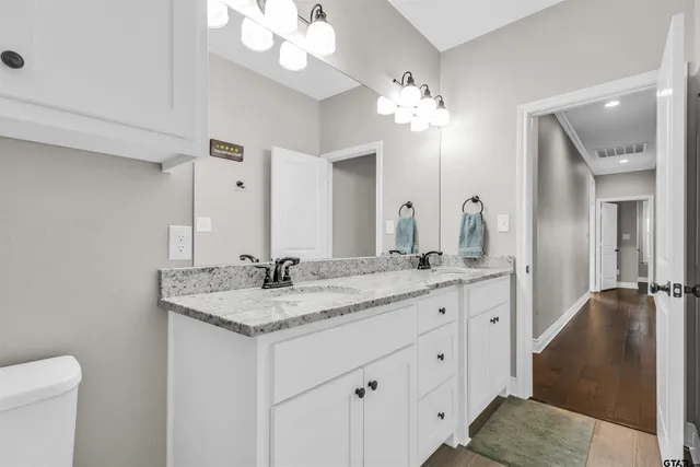a bathroom with a granite countertop sink a toilet and a mirror