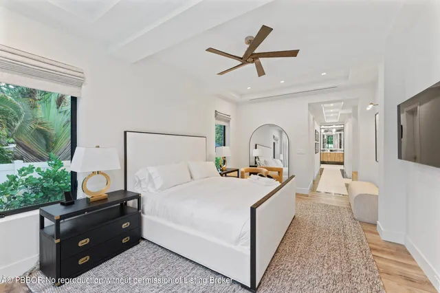 a bed sitting in a bedroom next to a large window