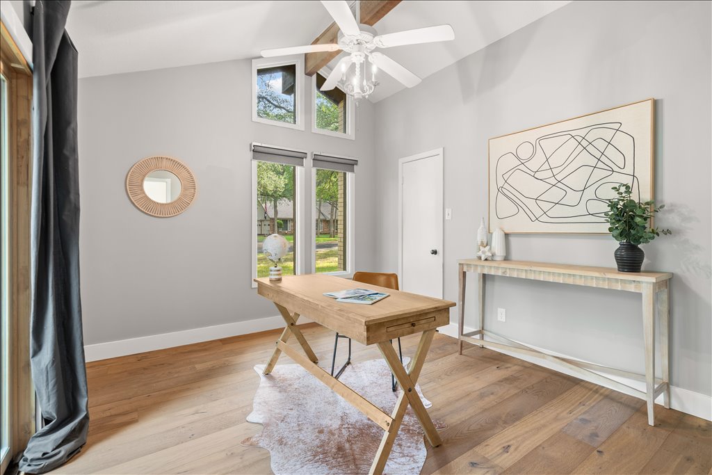 3402 Saddlestring Trail Austin, TX 78739 - Photo 26 of 33 Office area featuring light wood-type flooring, vaulted ceiling, and ceiling fan