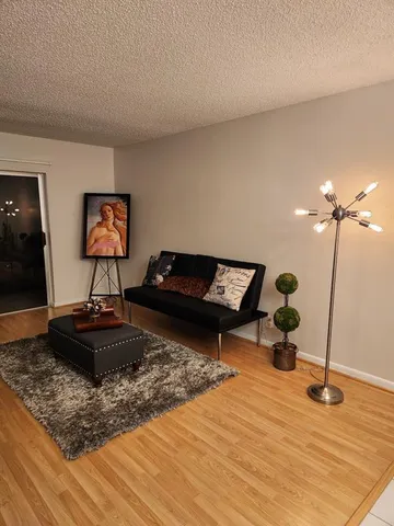a living room with furniture and a lamp