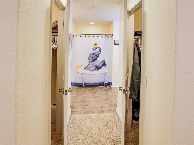 an aerial view of town with trees all around