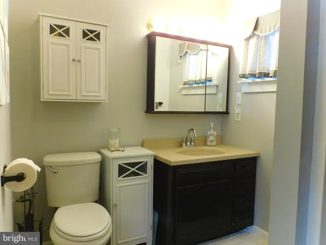 a bathroom with a toilet a sink a vanity and mirror