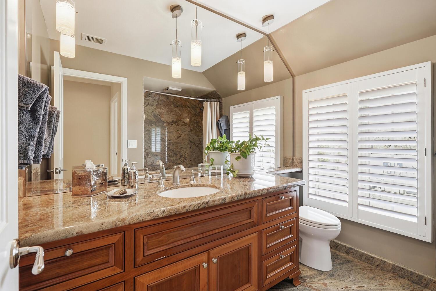 1749 Haggin Grove Way Carmichael, CA 95608 - Photo 52 of 99 a bathroom with a granite countertop sink a toilet a mirror and shower