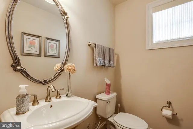 a bathroom with a sink mirror and toilet