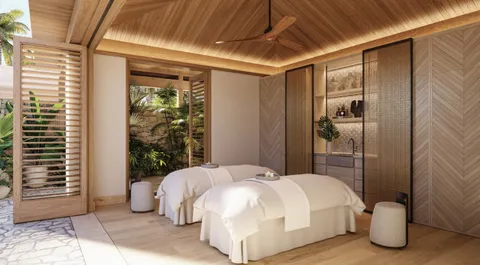 a terrace with outdoor seating and city view