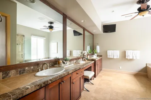 a bathroom with a granite countertop sink a shower and a mirror
