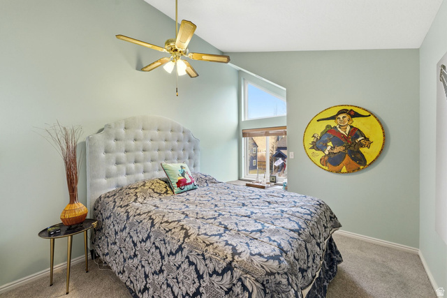 7930 Mustang Loop Road Park City, UT 84098 - Photo 13 of 23 Carpeted bedroom with vaulted ceiling and ceiling fan
