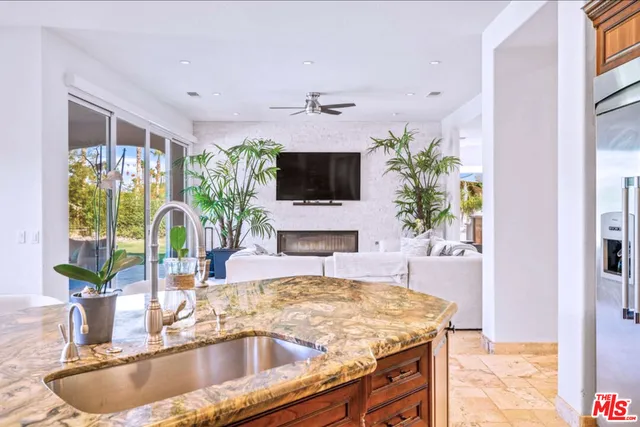 a kitchen with a stove a sink and a potted plant