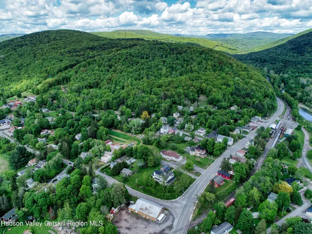 an aerial view of residential houses with outdoor space and trees