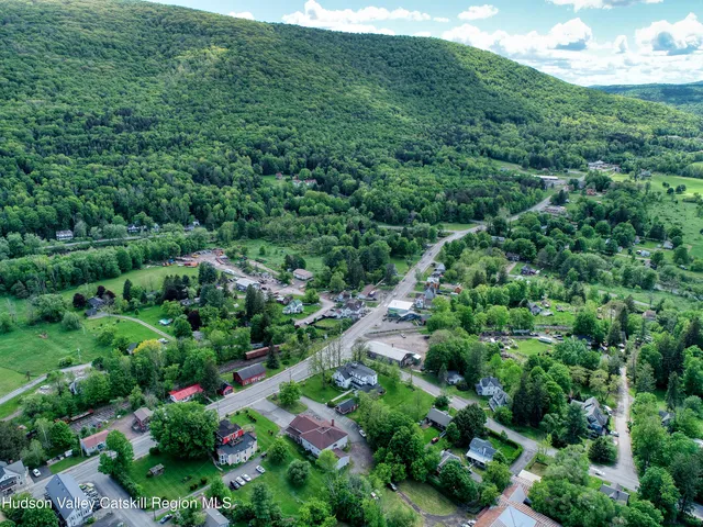 an aerial view of residential houses with outdoor space and trees