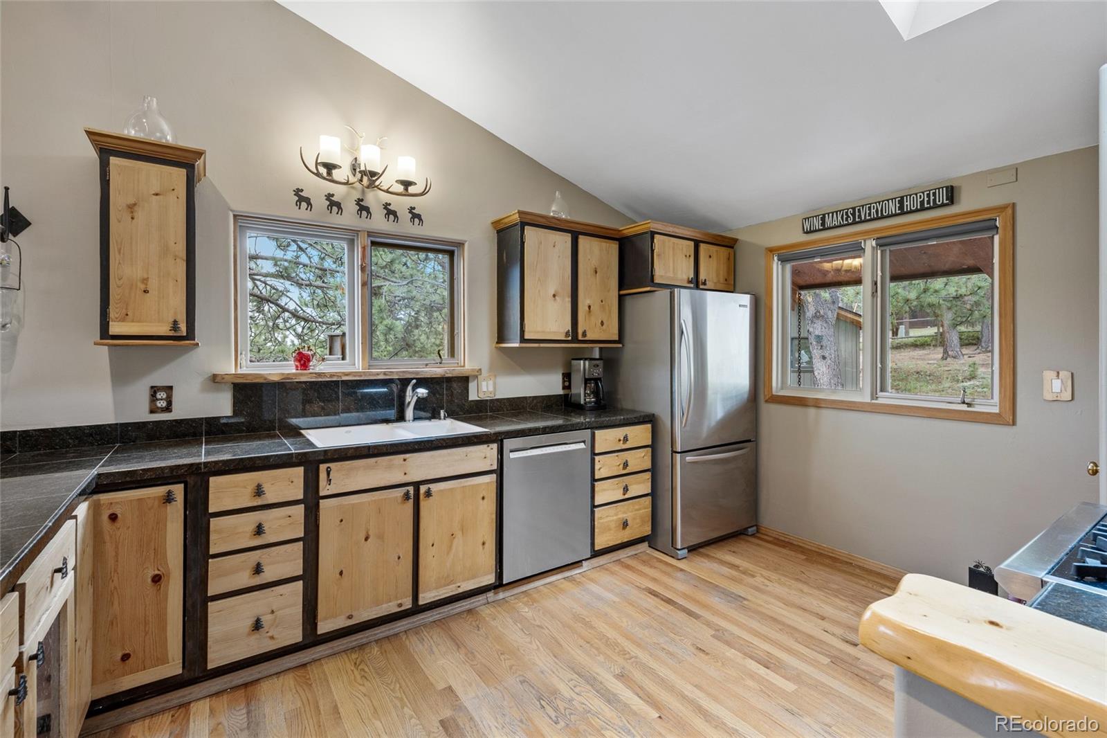 193 Twilight Terrace Drive Bailey, CO 80421 - Photo 11 of 50 a kitchen with stainless steel appliances a stove a refrigerator sink and wooden floor