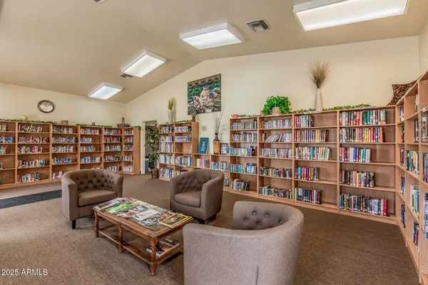 a living room with furniture and a book shelf