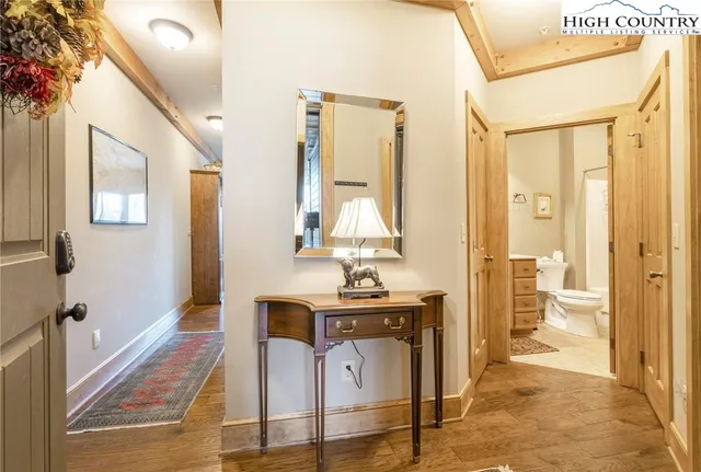 a view of a bathroom with dual sinks
