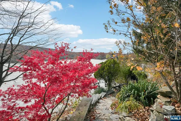 a view of a lake in between the field