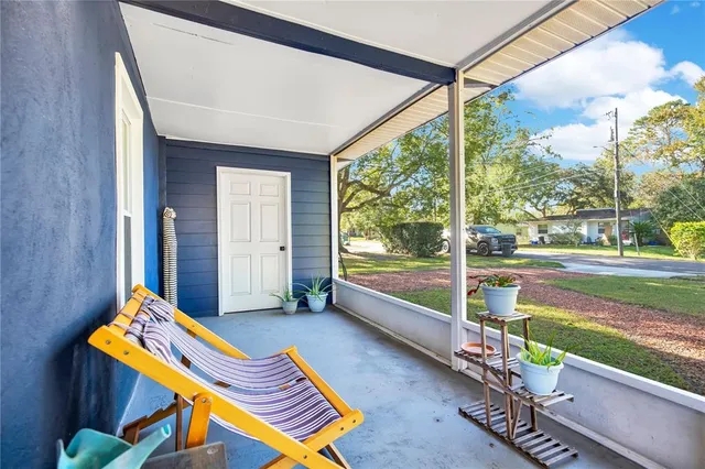 a building outdoor space with seating area