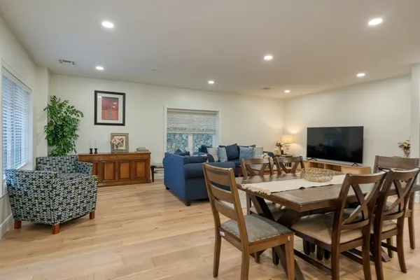 a view of a dining room with furniture