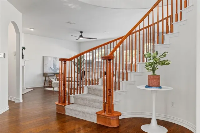 a hallway with wooden floor and a potted plant