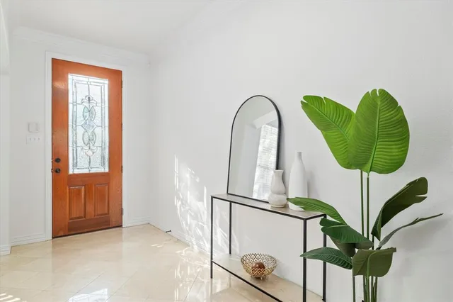 a living room with a potted plant